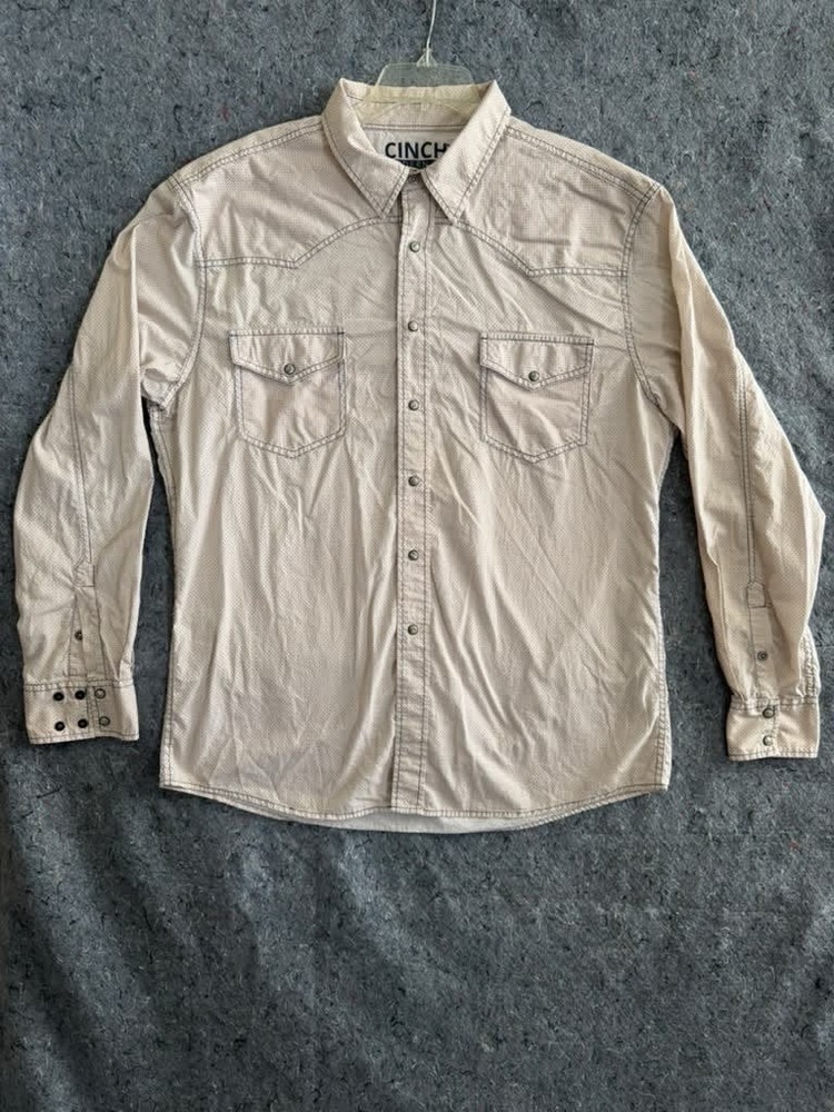 Cinch XL Modern Fit Western Pearl Snap Shirt Cream Tan Microprint Rodeo Cowboy