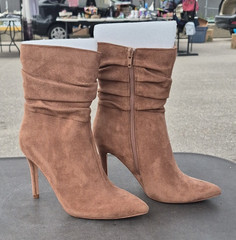 Women’s Brown Faux Suede Mid-Calf Pointed Toe Stiletto Booties, Zip, 7