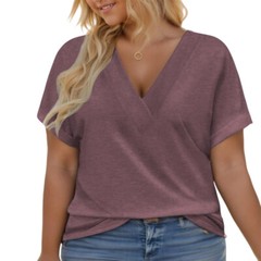 Summer Casual T Shirts, Plus Size Women V Neck Rolled Sleeve Tops