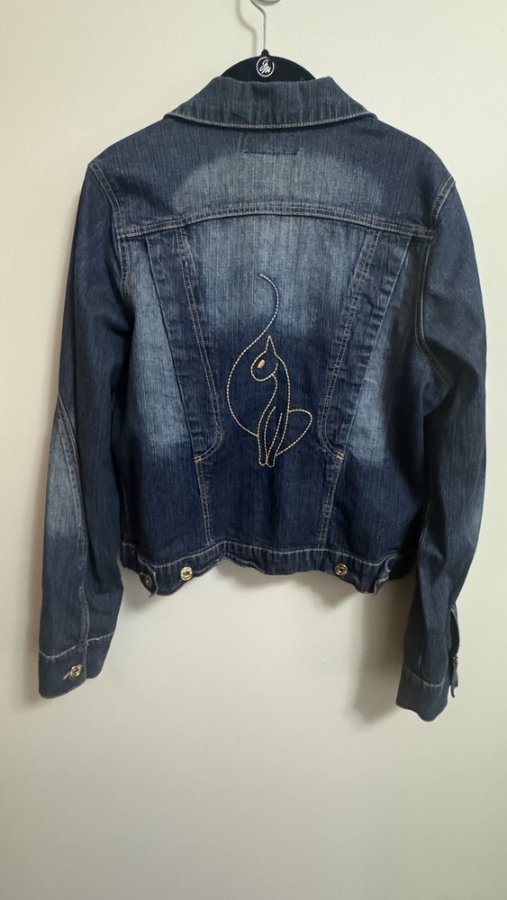 Vintage Y2K Baby Phat Women’s Blue Jean Jacket Gold Embroidered Cat Logo Size M
