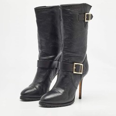 Vintage Jimmy Choo Black Leather Galen Moto Stiletto Buckle Boots US 7.5