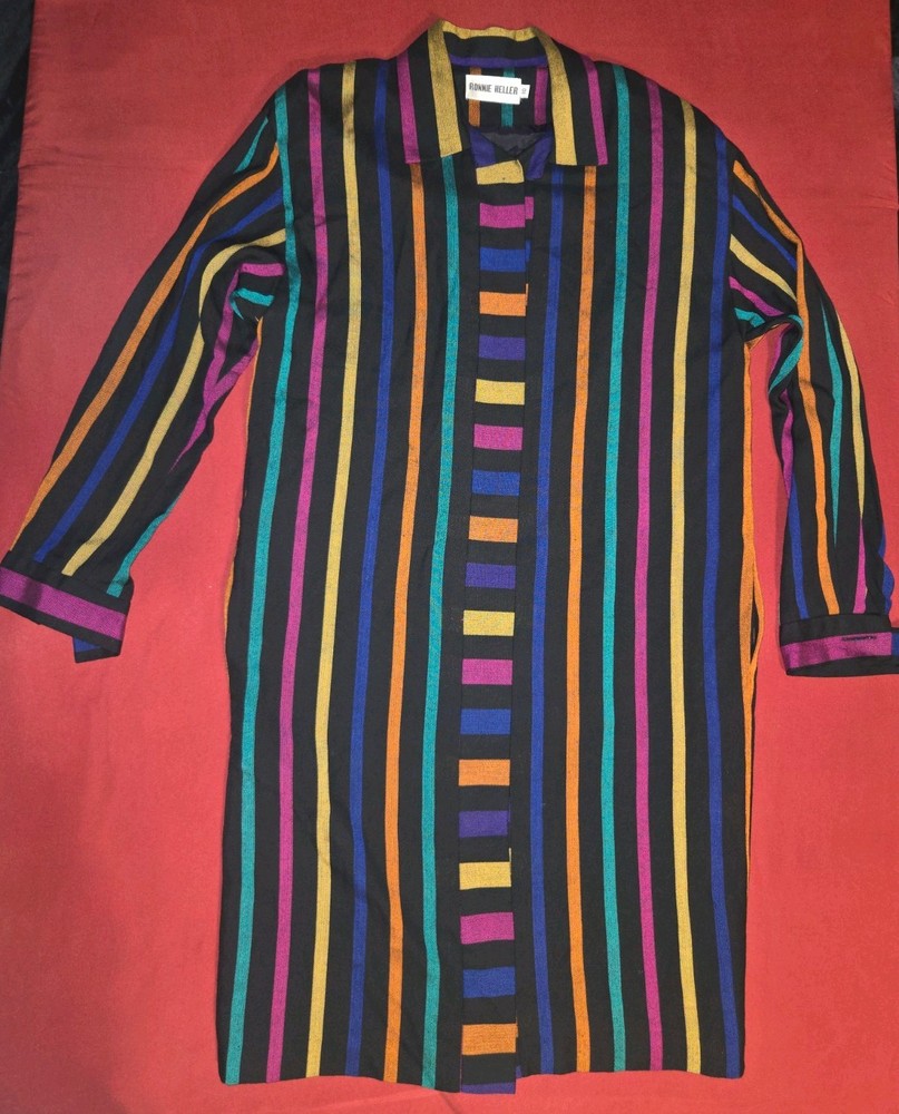 Vintage Ronnie Heller 100% Rayon Striped Duster Shirt Dress Size 10