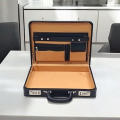 Genuine Leather Attache Briefcase, Structured Hard Case, Dual Combination Locks
