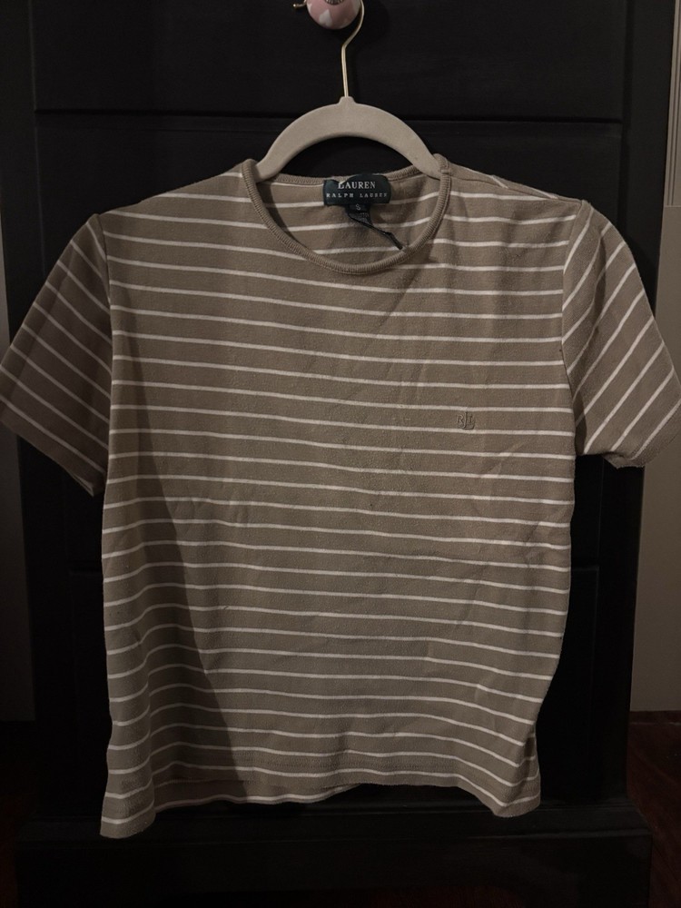 Lauren Ralph Lauren Women’s S Brown/White Striped Crew Neck Short Sleeve Tee
