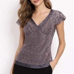 Daisy Fuentes Velvet Satin Lace Tee Top M Sheer Gray Y2K Festival Summer Party