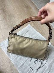 Vintage Prada Tessuto Nylon Beige Tan Shoulder Bag Brown Buckle Strap Re-edition