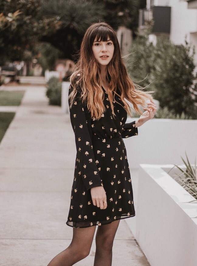 & Other Stories Mini Wrap Dress Size 0 Black Gold Leaves Long Sleeve Twee