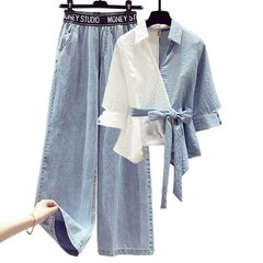 omen’s 2-Piece Denim Set Asymmetric Wrap Top & Wide Leg Jeans Co-ord Outfit