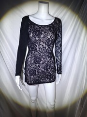 B.loom Black Beige Floral Lace Sheer Ruched V-Neck Long Sleeve Mini Dress S