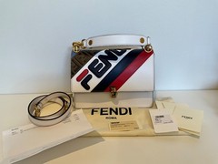 Fendi Mania Kan I Roma Logo White Blue Red Leather Studded Shoulder & Handheld