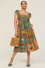 Farm Rio Banana Scarves Smocked Midi Sundress Square Neck Sleeveless M