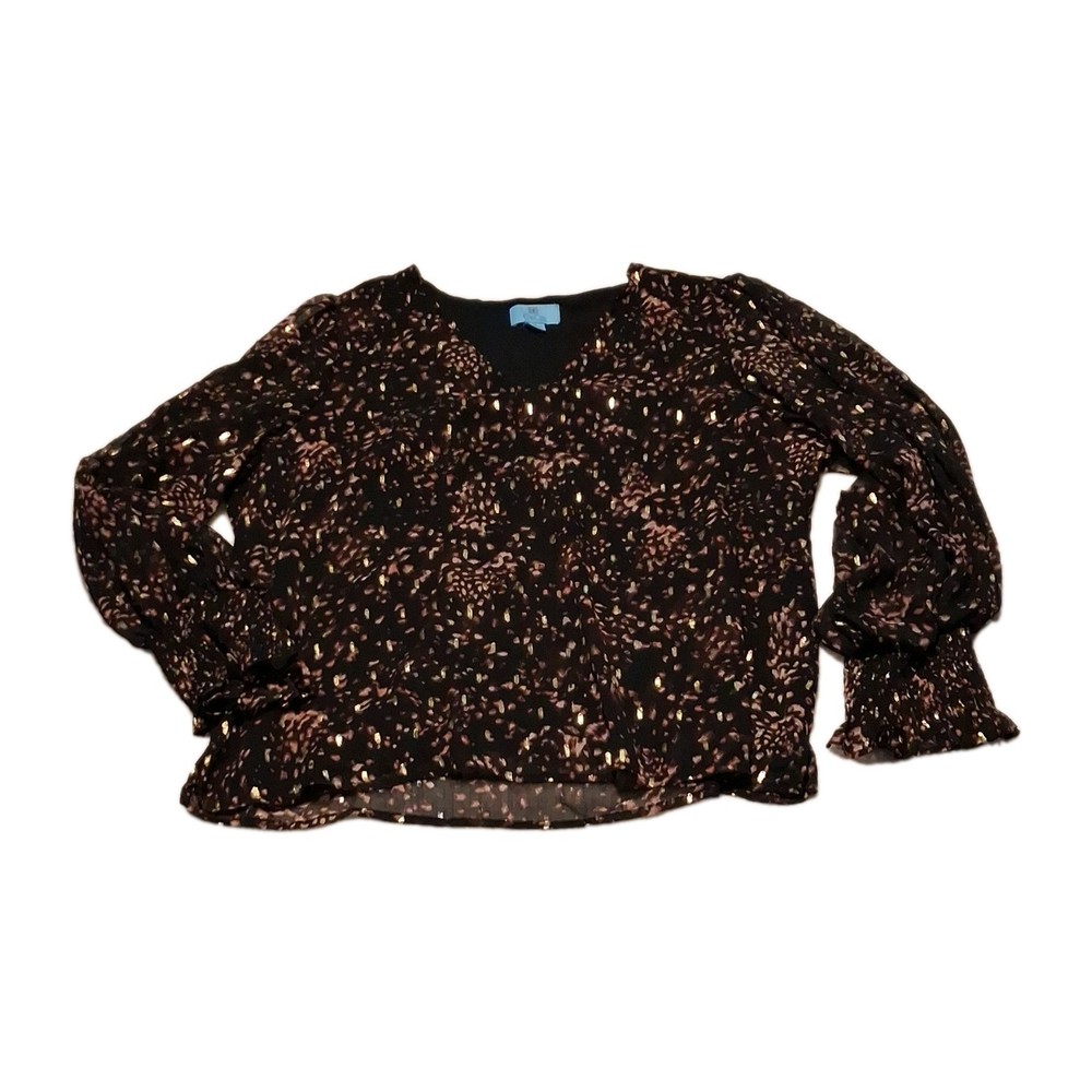 CeCe Women’s Black Floral Smocked Puff 3/4 Sleeve Round Neck Blouse XL