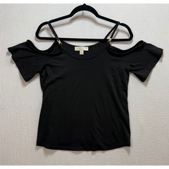 Michael Kors Cold Shoulder Top Womens Small Black Gold Chain Accent Short Sleeve