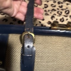 Vintage John Romain Blue & Beige Leather Handbag Purse with Brass-Tone Closure