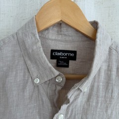 Vintage Claiborne 100% Linen Shirt Mens Large Beige Slim Fit Button Down Coastal
