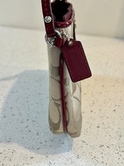 COACH Signature Logo Sateen Pleated Large Wristlet – Khaki / Garnet Red – NICE!