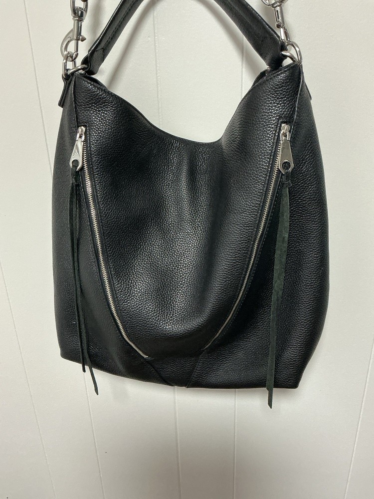 Rebecca Minkoff Black Pebbled Hobo Shoulder Bag Zip Silver Hardware Det Strap