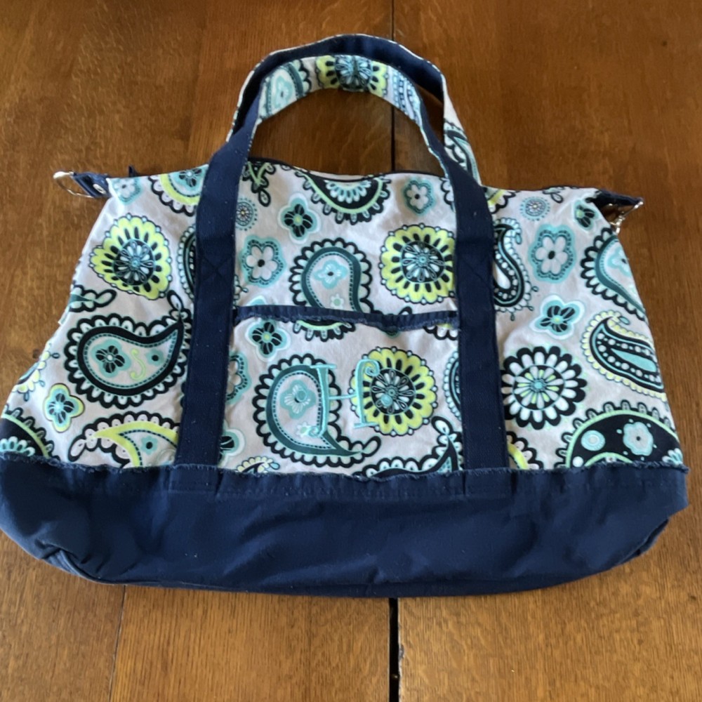 Thirty-One Paisley Tote Bag Blue Green White Zip Embroidered Initials