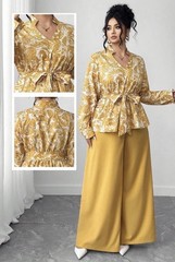 Women’s 2pc Yellow/White Floral Satin Tie-Waist Blouse & Wide-Leg Pants
