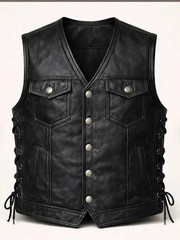 Men’s Black Leather Biker Vest Snap Button Motorcycle Waistcoat Lace Side Adjust