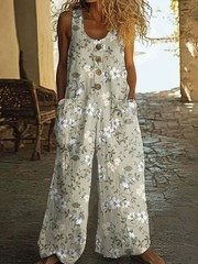 Women Sleeveless Wide Leg Jumpsuit Floral Print Loose Pocket Long Overall Romper