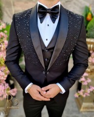 Black Men’s Suits Beading Diamond 3PCS Luxury Prom Party Dinner Jacket Coat