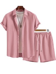 Men’s 2 Piece Summer Outfit Textured Short Sleeve Shirt & Drawstring Shorts Set