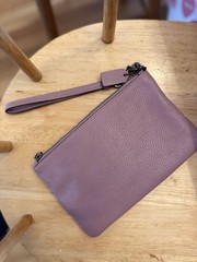 Coach Mauve Pebbled Wristlet with Hot Stamped Custom Initials, Logo, Zip Closure