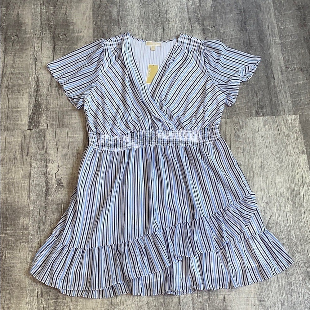 Michael Kors Blue and White Striped Faux Wrap Dress