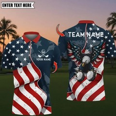 Golf Eagle American Flag Personalized Name, Team Name 3D Polo Shirt, Golf Team