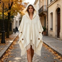 Ladies Bohemian Style Poncho Shawl Hooded Design Fringed Hem Loose Fit Cloak