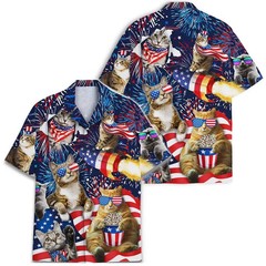 Funny Cat Hawaiian Shirt: Patriotic USA 4th Of July, Short Sleeve