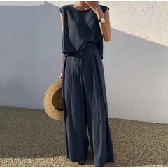 Women’s Cotton Linen Two Piece Set Sleeveless Top Wide Leg Pants Casual Outfit