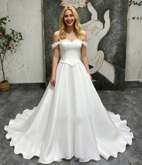 Classic Wedding Dresses Off The Shoulder Satin A Line Sweep Train Bridal Gowns