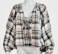 ANTHROPOLOGIE NWT $108 By Plaid Lace Up Dolman Sleeve Blouse Top Size 2X
