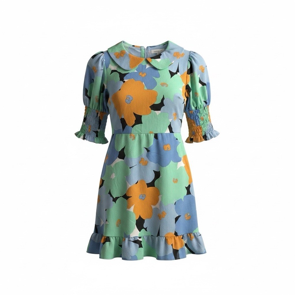 Topshop Floral Wrap Mini Dress Women’s US 8 Blue Green Ruffle Smocked