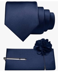 Men’s Blue Solid Pointed Necktie 4-Piece Set with Tie Bar & Lapel Pin