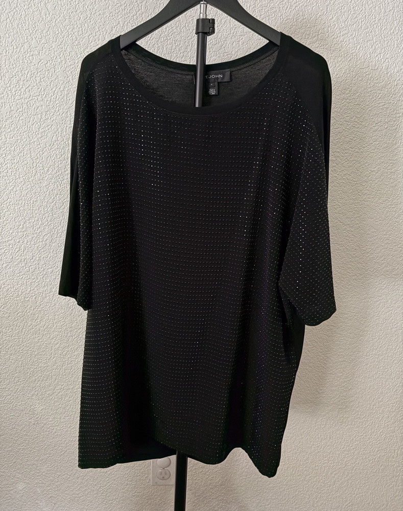 St. John Black Studded Knit Silk Blend Tunic Top Scoop Neck 3/4 Sleeve M