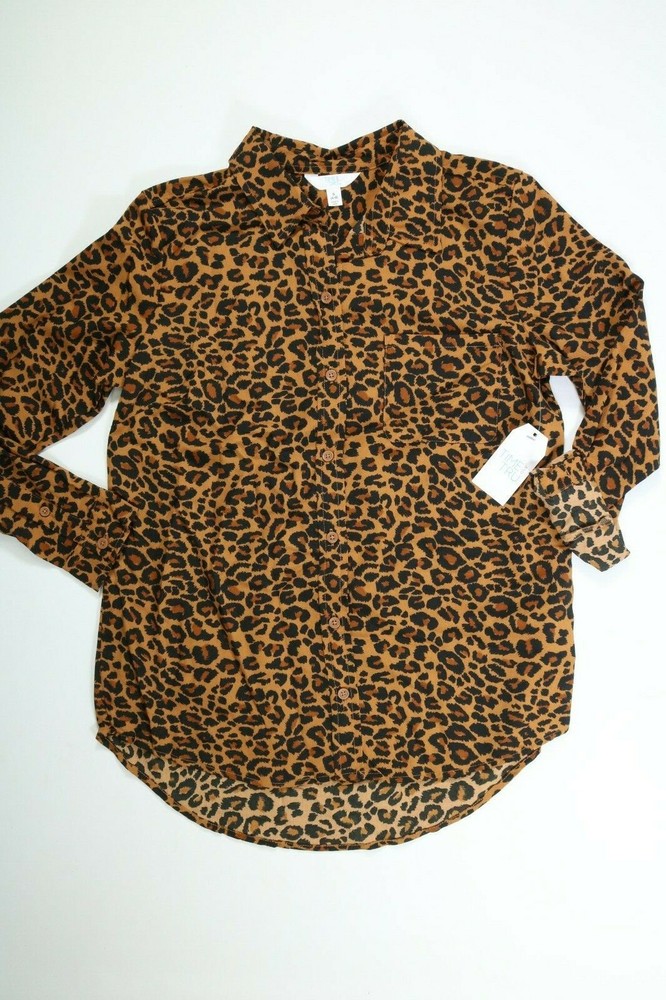 Womens Time And Tru Leopard Print Roll Cuff Button Front Shirt NEW NWT
