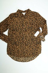 Womens Time And Tru Leopard Print Roll Cuff Button Front Shirt NEW NWT