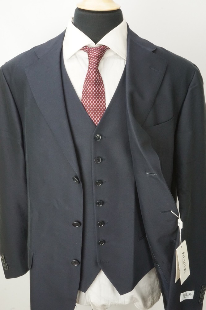 Pal Zileri Navy Blue Silk Blend 3 Pc Suit Jacket Pants Vest Sz 44R Brand New