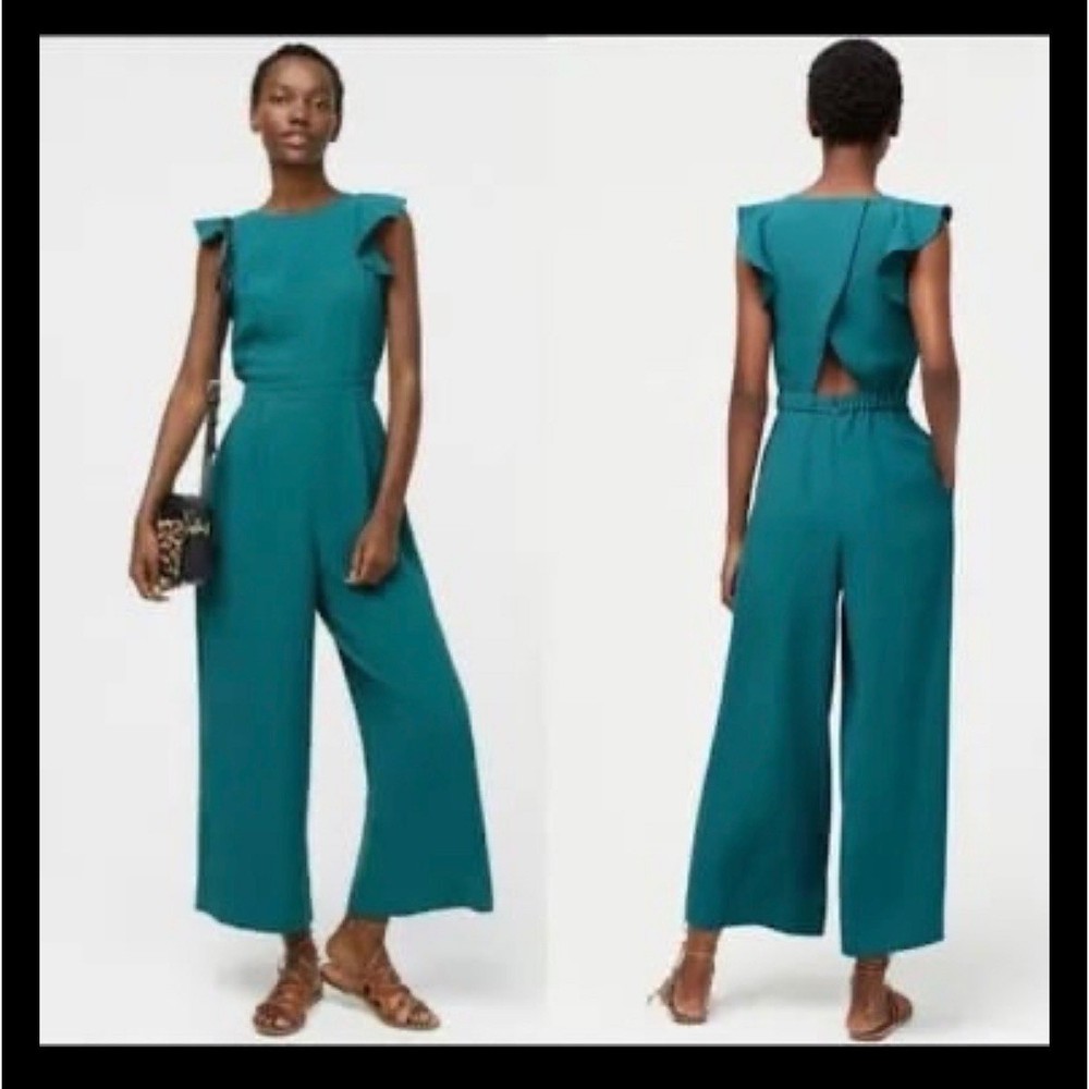 J. Crew Sleeveless Ruffle Jumpsuit In 365 Crepe Open Back Crop Hunter Green Sz 2