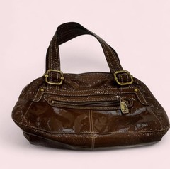 Fossil Brown Patent Satchel Top Handle Bag Zip Closure Pockets Gold Hardware