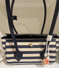 GUESS Blue & White Striped Tote Bag w/ Zip Closure, Charm, Lined Pockets