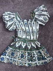 Farm Rio XS White Blue Green Floral Mini Dress Square Neck Puff Sleeve Belt