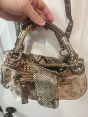 Y2K GUESS Monogram Snakeskin Print Shoulder Bag Purse Brown Beige Logo Handbag