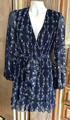 1.STATE Pleated Wrap Dress Ruffle Long Sleeve Navy Blue Faux Mini Sz 0 New Sheer