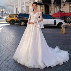 Paloda Classic Wedding Dresses for Mariages Button Flare Sleeves A-line Applique