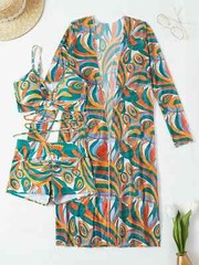 Womens 3 Piece Swimsuit with Mesh Long Sleeve Cover Up Drawstring Bathing Suits
