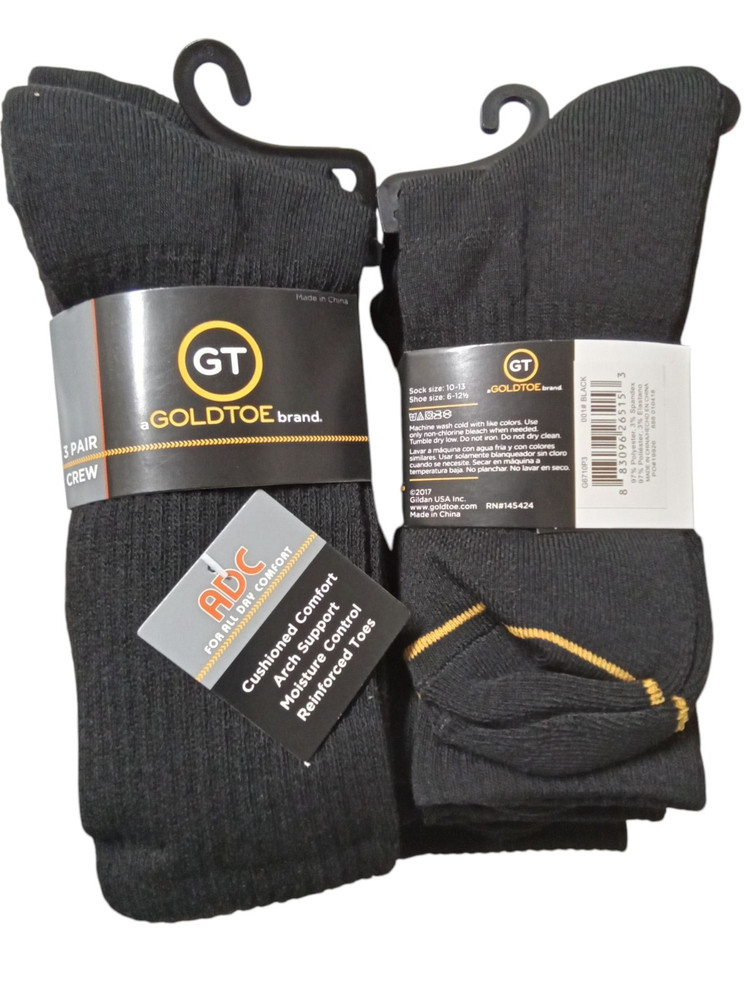GOLD TOE Brand Crew Socks 6 Pair Black 6-12.5